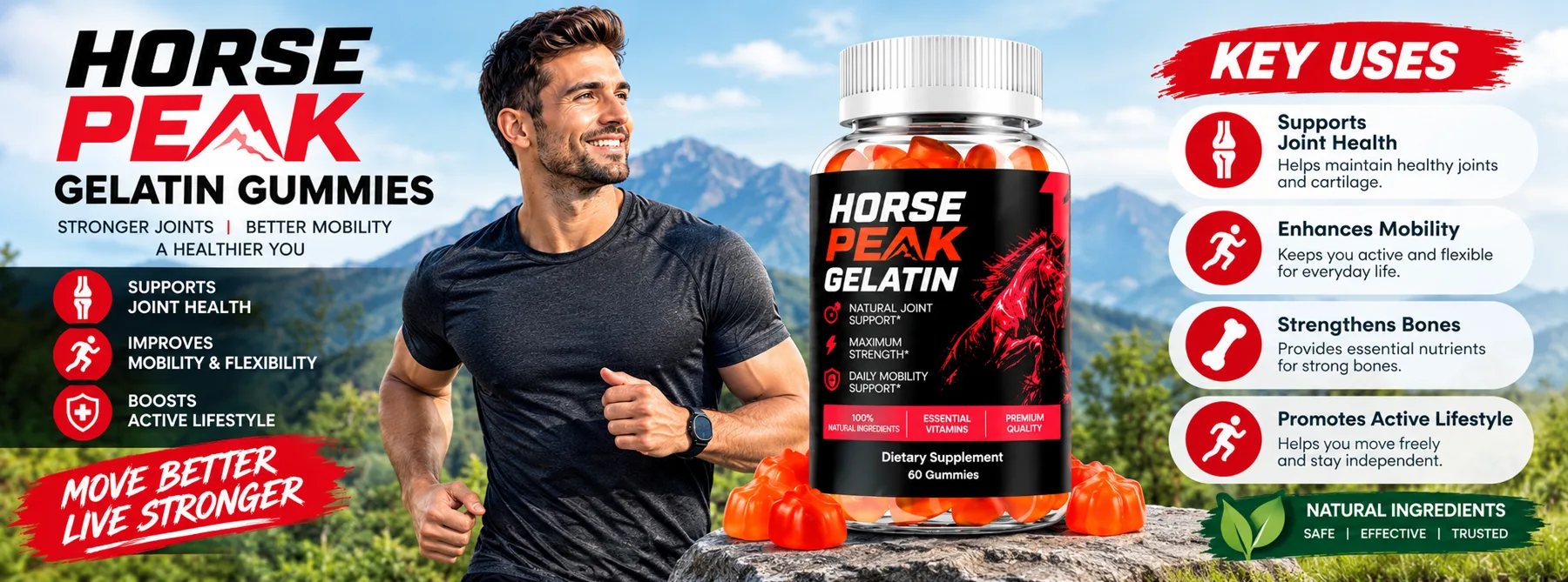 Horse Peak Gelatin Gummies key uses: joint health, mobility, bone strength and an active lifestyle