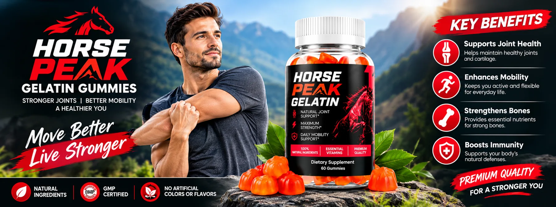 Horse Peak Gelatin Gummies bottle with an active man stretching on a mountain trail